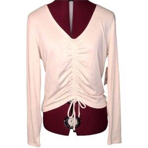 Kensie cream tied gathered front hem size L long sleeves V-neck stretch knit